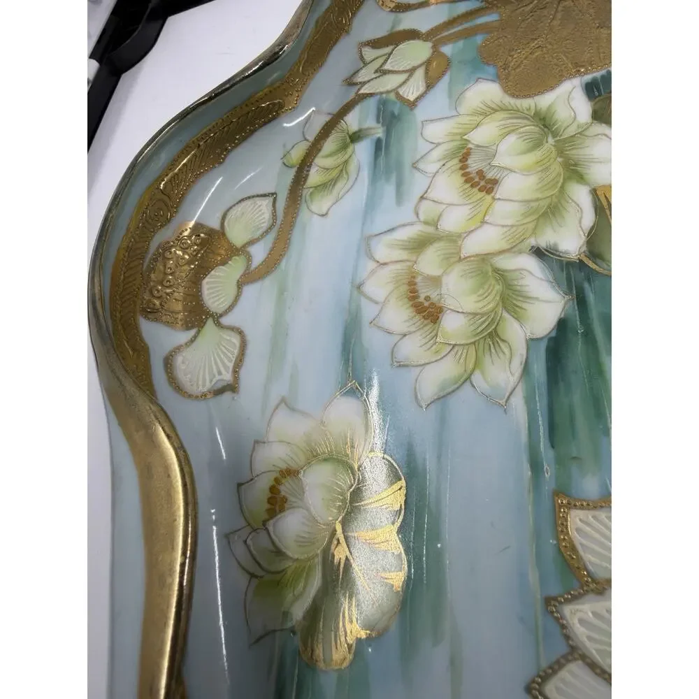 Antique Nippon Hand Painted Water Lily Gold Gilt Moriage Large Trinket Dish